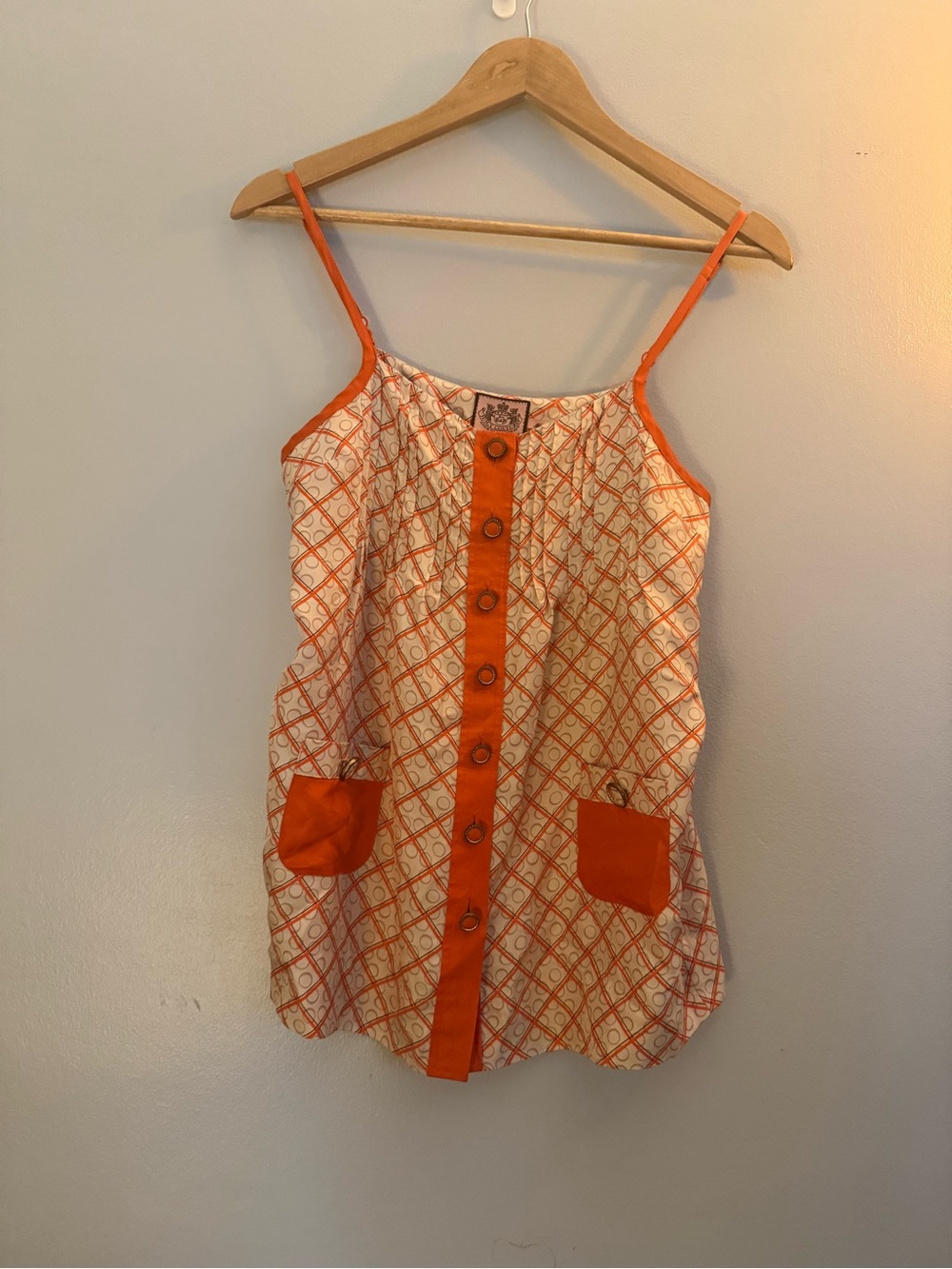 JUICY COUTURE Gold Orange Button Tank Y2K smock tank silk spaghetti strap top